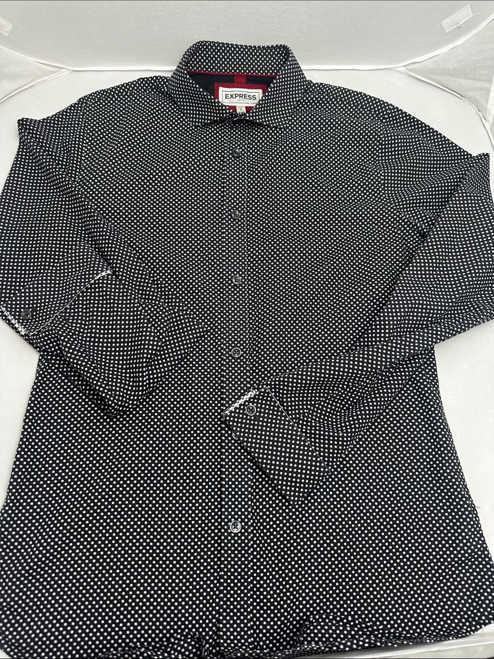 Express Black Button-Up Shirt with White Dot Pattern